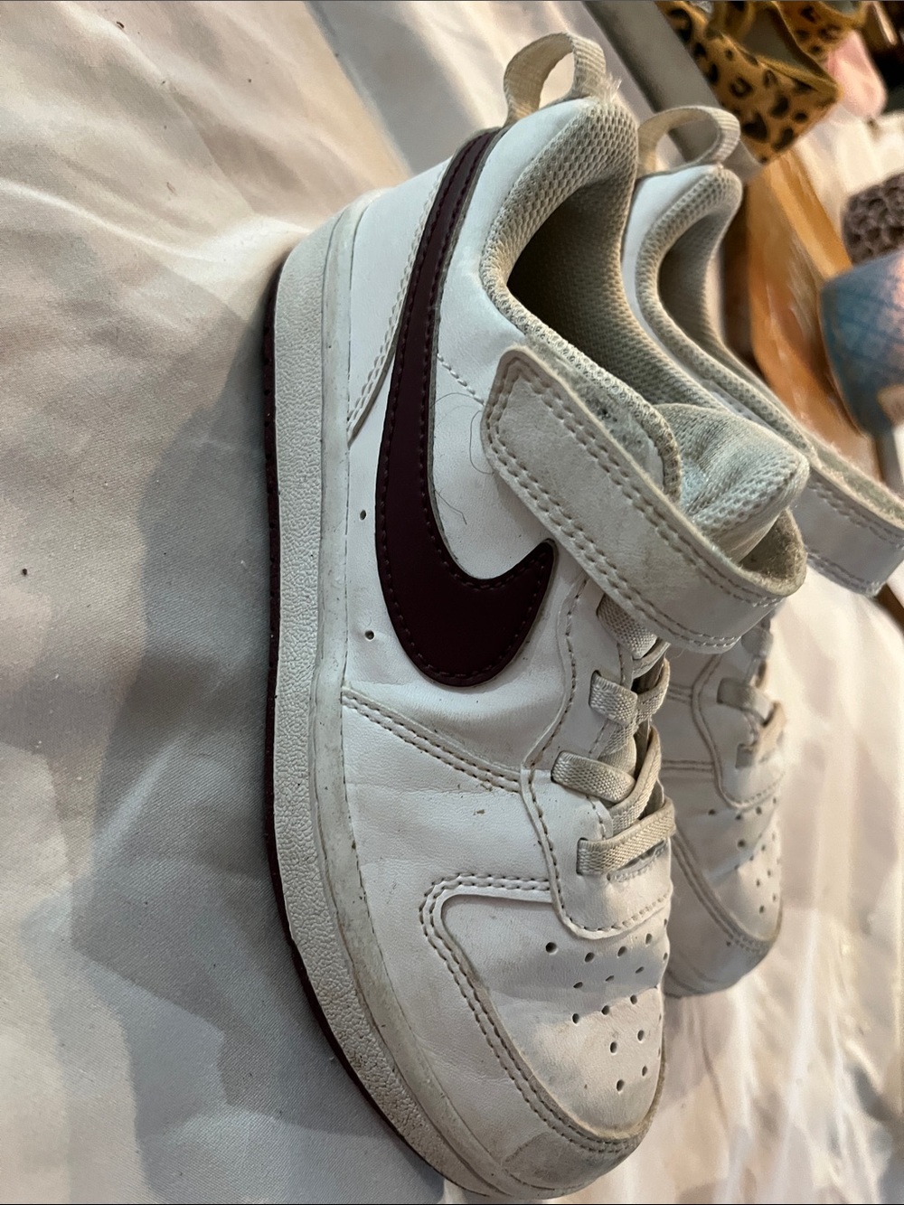 Nike Kids White Sneakers with Maroon Swoosh